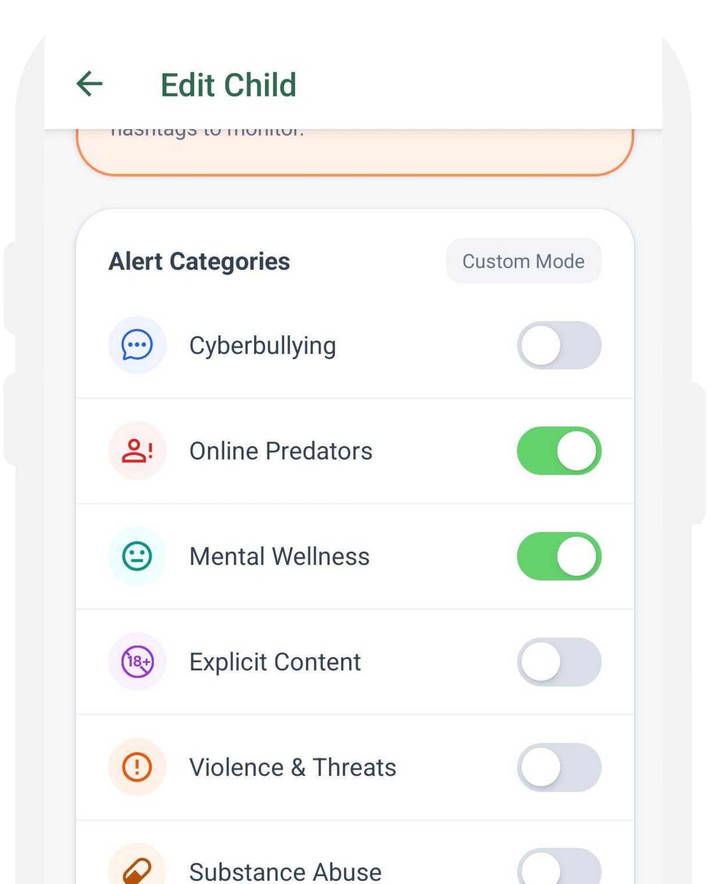 Chatstat mobile app custom alert settings showing category toggles and keywords to watch.