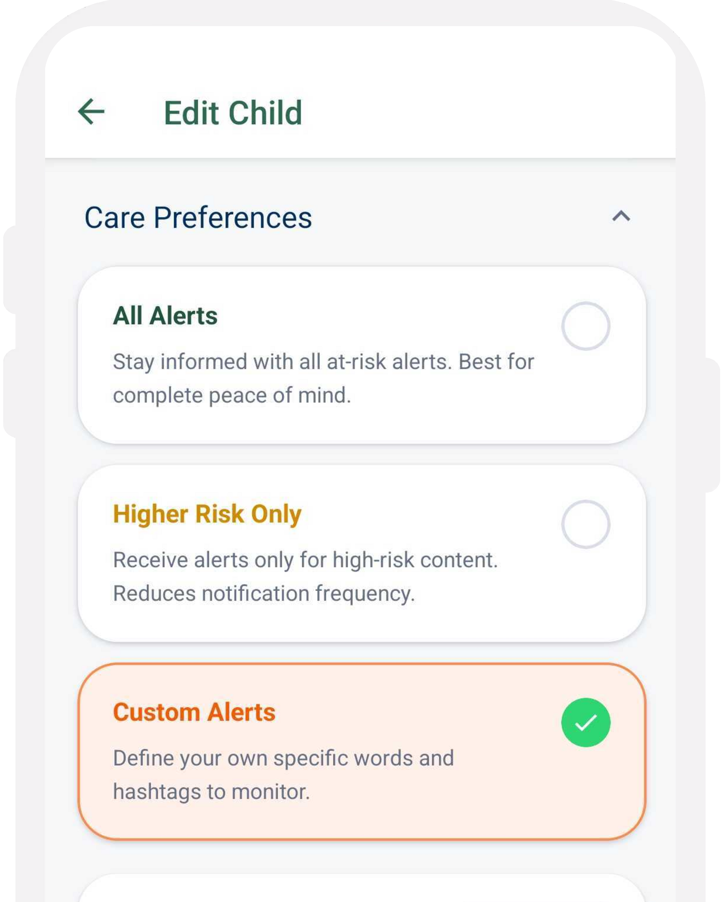 Chatstat mobile app care preferences screen showing all alerts, higher-risk-only, custom alerts, and alert category controls.