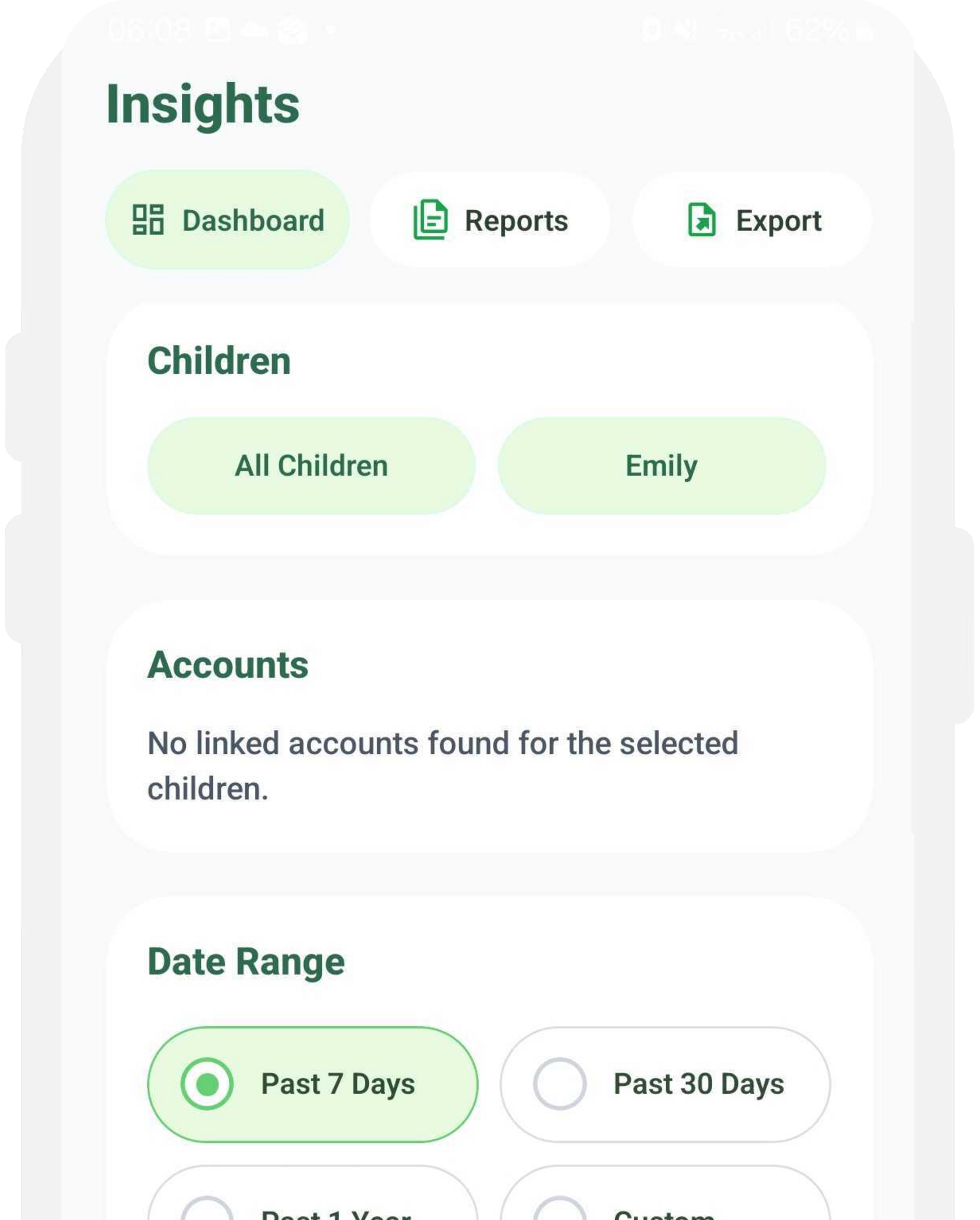 Chatstat mobile Insights dashboard showing children, linked accounts, date range filters, and activity summary.
