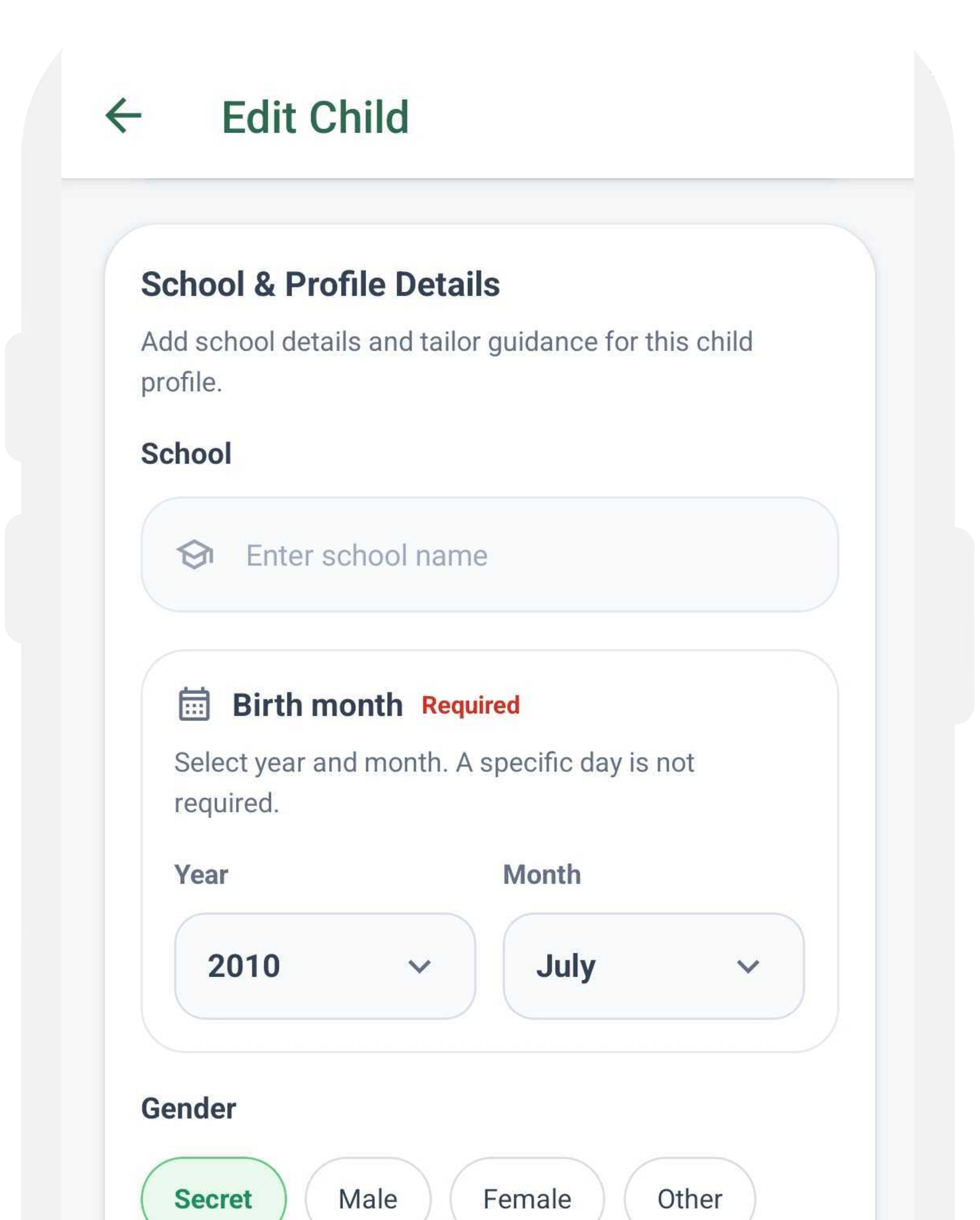 Chatstat mobile app child profile form showing school details, birth month, gender, and the Done button.