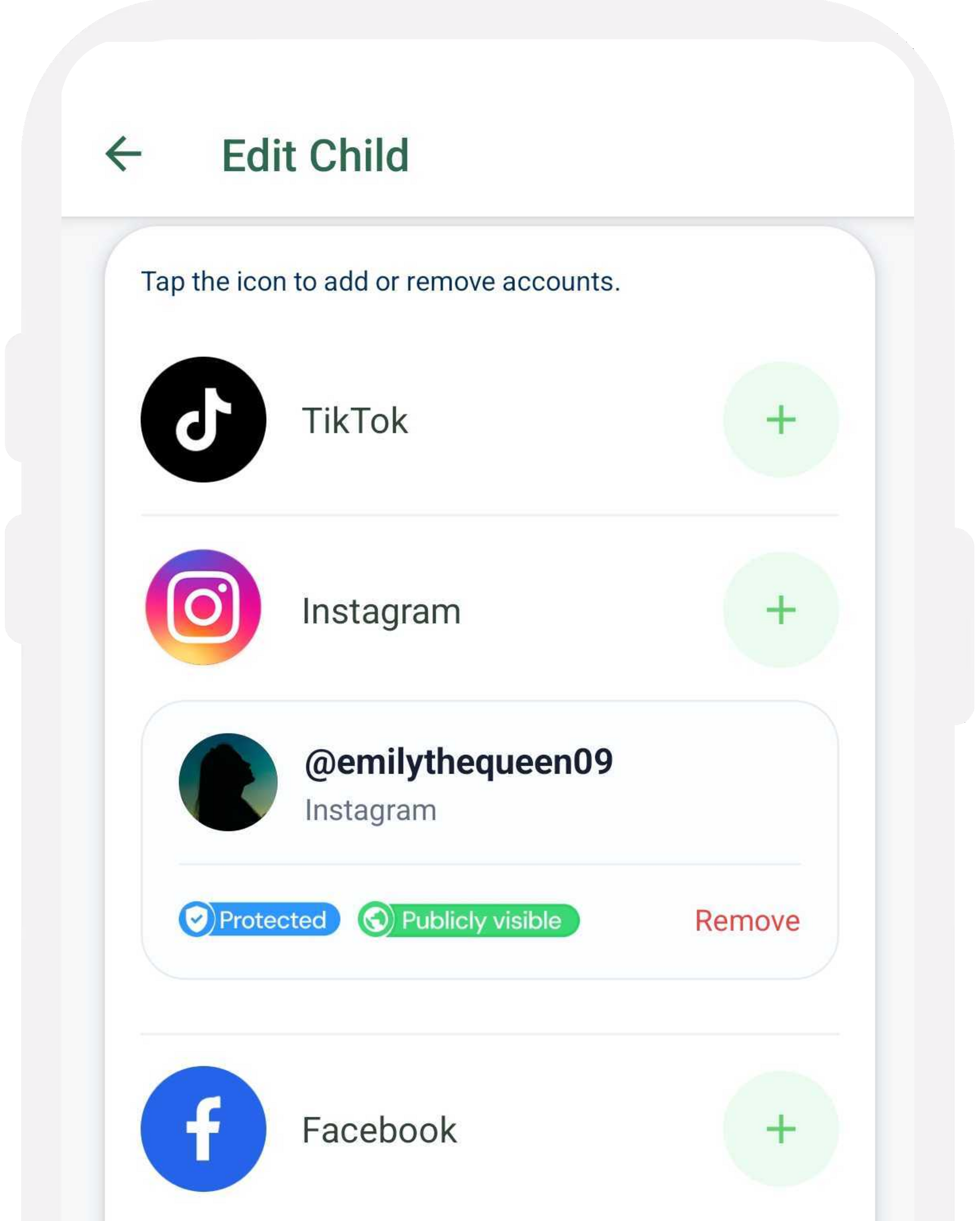 Chatstat mobile app screen for editing a child profile, listing connected and available social media platforms.