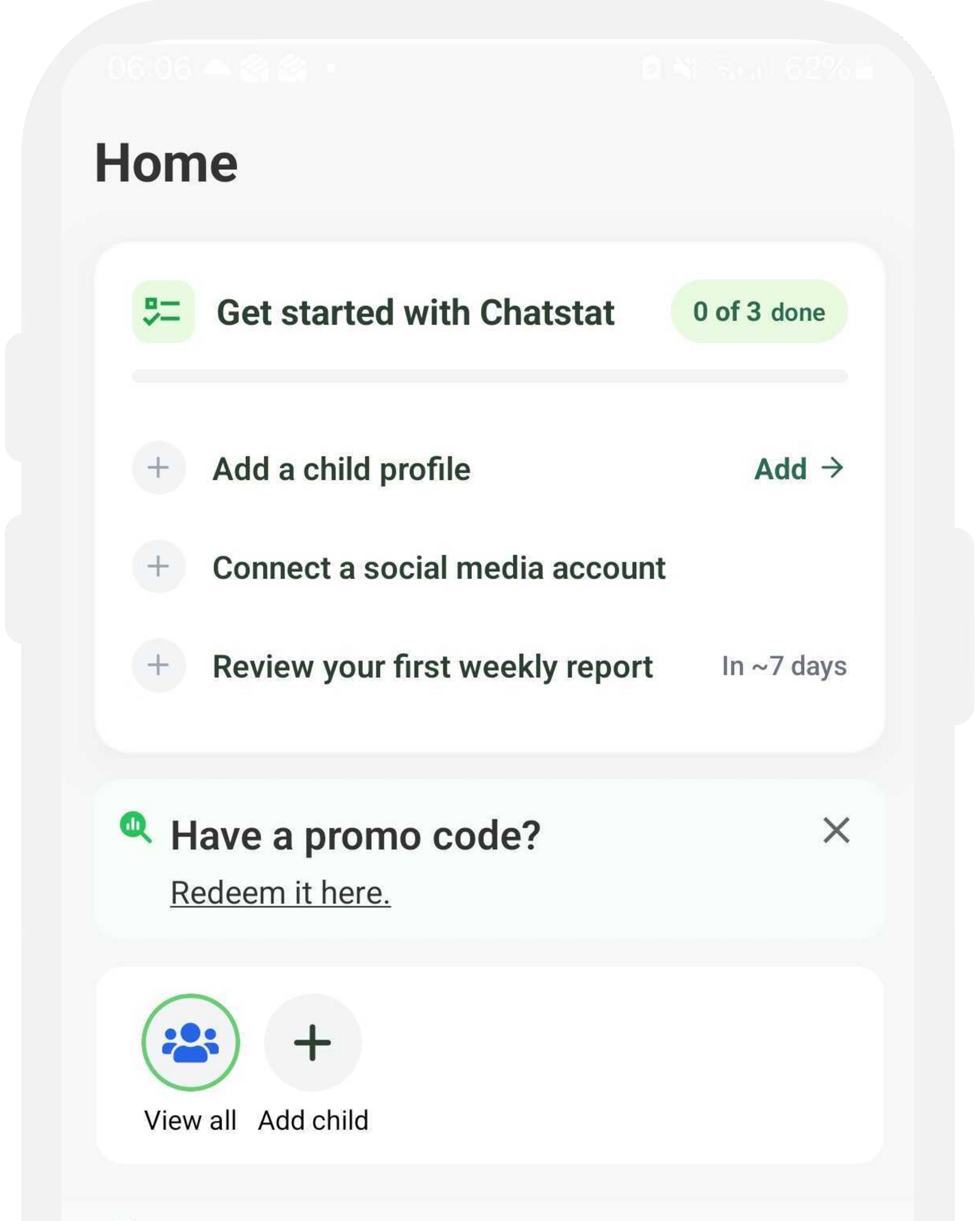 Chatstat mobile app home screen showing the setup checklist, child profiles, inbox, and safety summary.